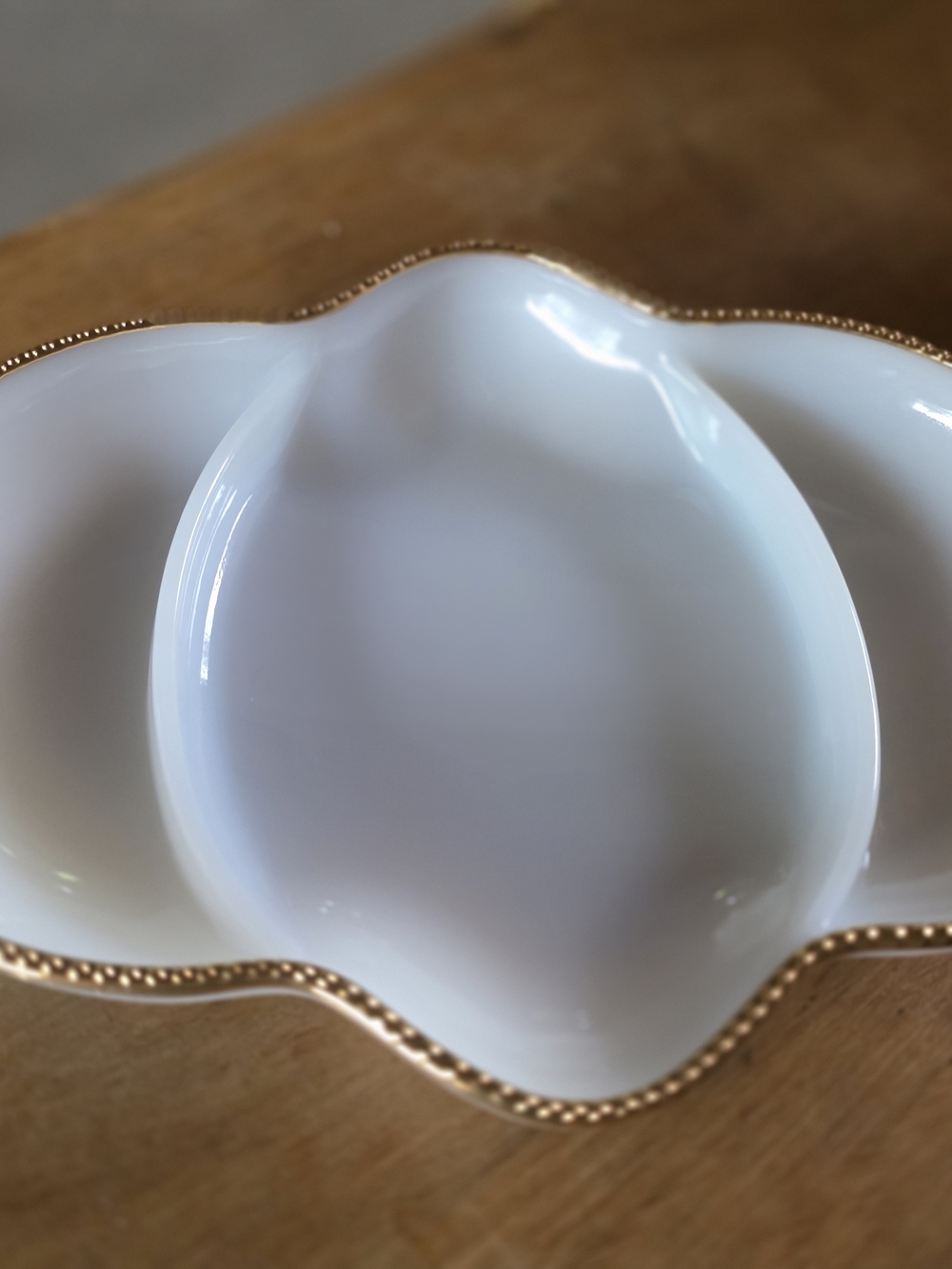 Fire King White Ceramic Divided Serving Dish with Gold Beaded Rim